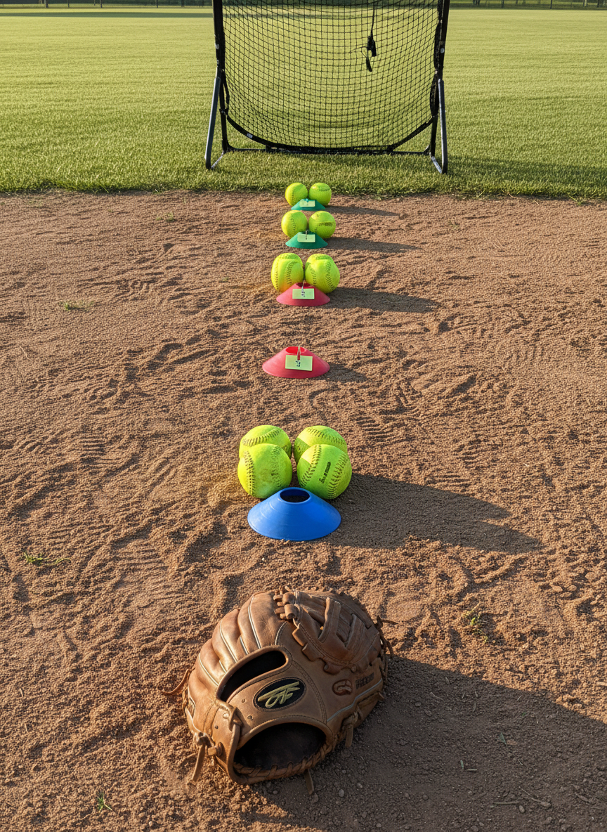 A structured fielding progression for young players arranged on a manicured infield: three neat rows of yellow softballs placed at increasing distances from a youth-sized glove, with colored cones beside each row labeled by distance using small, unreadable tags. A low rebound screen stands in the background to suggest advanced reps. Warm, late-morning sunlight highlights the ball textures while casting gentle shadows that point toward the glove. Photographic realism, shot from a low angle along the dirt, emphasizing depth and progression. The mood is focused and instructional, ideal for illustrating an easy-to-follow fielding drill sequence for beginners.