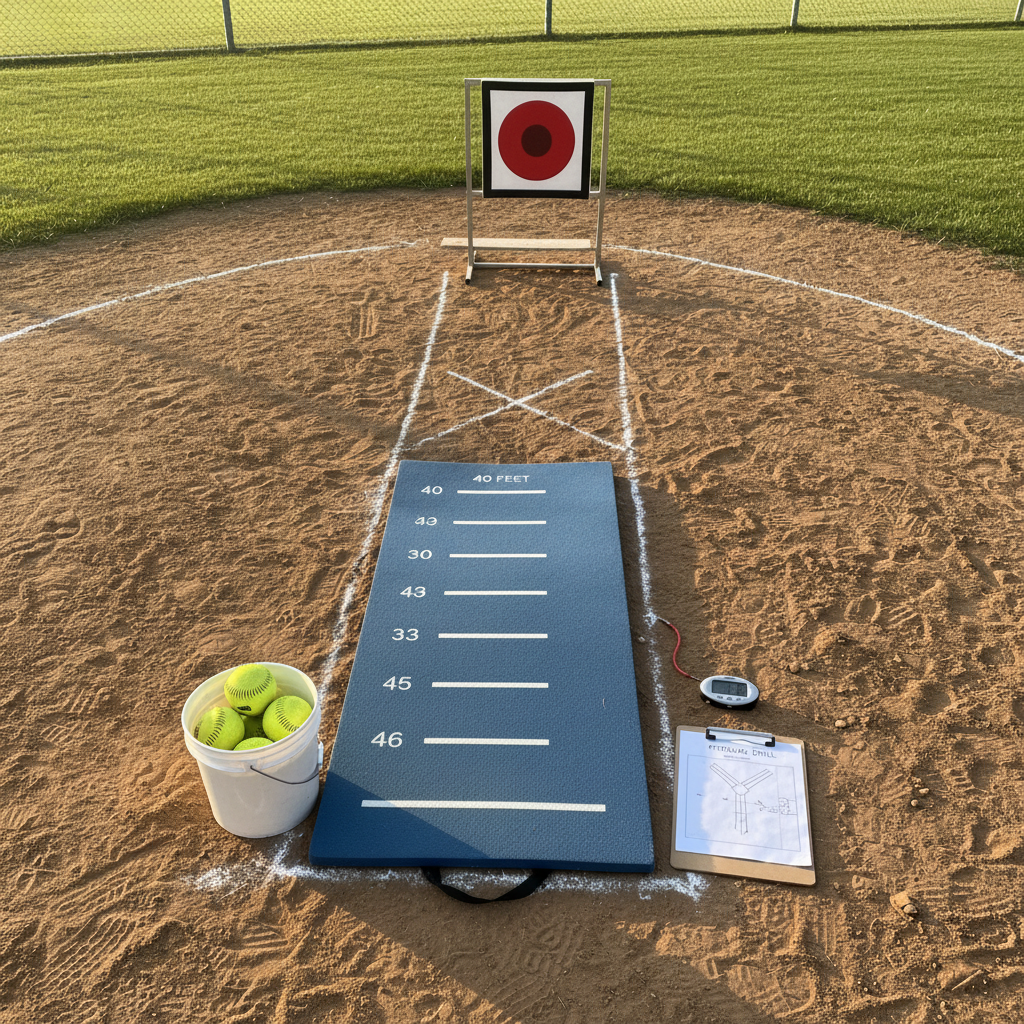 A detailed pitching drill station for young softball players on a dirt circle, featuring a portable stride mat with clearly marked distance lines, a small pail of softballs at the front edge, and a foam target zone attached to a simple metal frame at home plate distance. Chalk lines mark the pitching lane and landing spot, and a clipboard with a visible but unreadable drill chart lies nearby with a small digital timer. Late afternoon sun casts long, gentle shadows, giving a focused yet approachable mood. Photographic, wide, eye-level composition with sharp focus reveals all instructional elements for youth pitching practice.