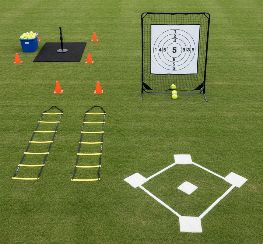 A bird’s-eye view of a youth softball practice station layout on a freshly cut grass outfield, with three distinct drill areas clearly separated by bright orange cones. One area has a tee on a rubber mat with a bucket of softballs, another features a flat throwing target screen with numbered zones, and the third shows agility ladders and bases arranged in a diamond pattern. Overcast daylight gives soft, even lighting with minimal shadows, emphasizing instructional clarity. The composition is wide and sharp throughout, conveying a professional, organized practice plan for ages 6U–10U in a photographic, clean training-guide style.