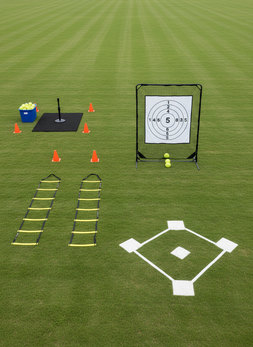 A bird's-eye view of a youth softball practice station layout on a freshly cut grass outfield, with three distinct drill areas clearly separated by bright orange cones. One area has a tee on a rubber mat with a bucket of softballs, another features a flat throwing target screen with numbered zones, and the third shows agility ladders and bases arranged in a diamond pattern. Overcast daylight gives soft, even lighting with minimal shadows, emphasizing instructional clarity. The composition is wide and sharp throughout, conveying a professional, organized practice plan for ages 6U–10U in a photographic, clean training-guide style.