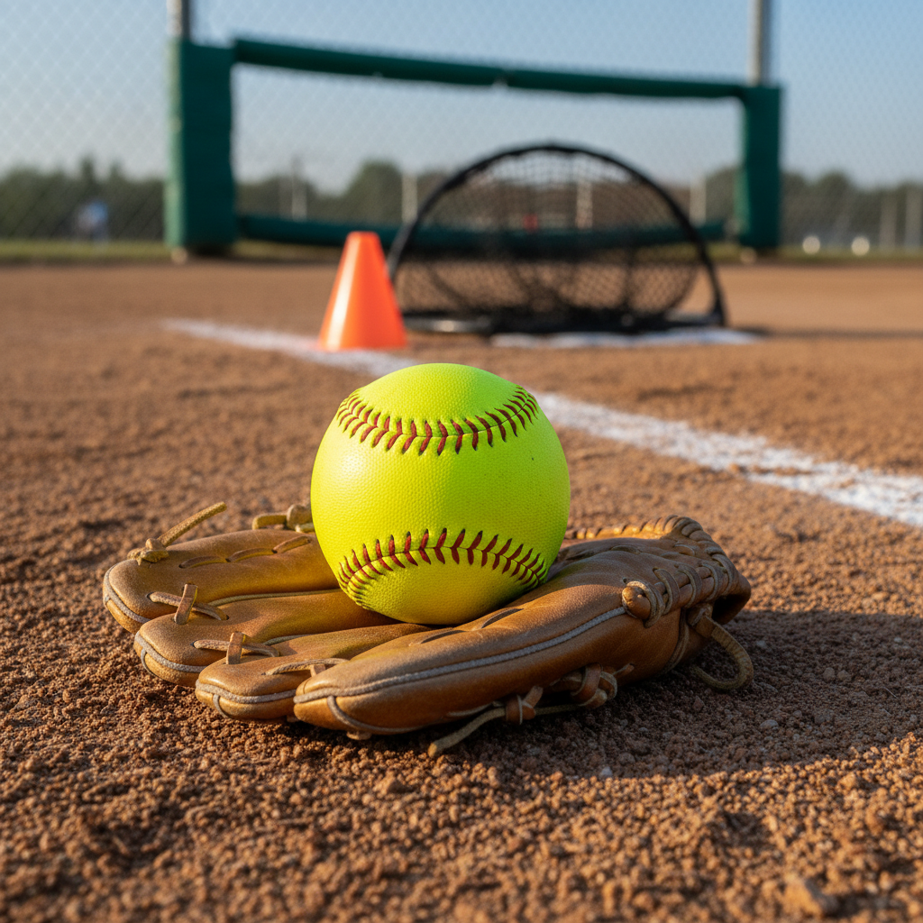 A close-up, side-on photographic view of a bright yellow softball resting gently in the pocket of a small youth-size leather glove placed on the infield dirt, with a single training cone and low portable net target in the mid-ground. The glove’s stitching and worn texture are clearly visible, and a white foul line cuts diagonally across the background toward an out-of-focus youth-sized backstop. Soft morning sunlight creates a calm, focused mood with subtle highlights on the ball’s seams and gentle shadows under the glove. Shot at a slightly low angle, using rule-of-thirds composition to suggest ready-to-learn fundamentals without any people present.