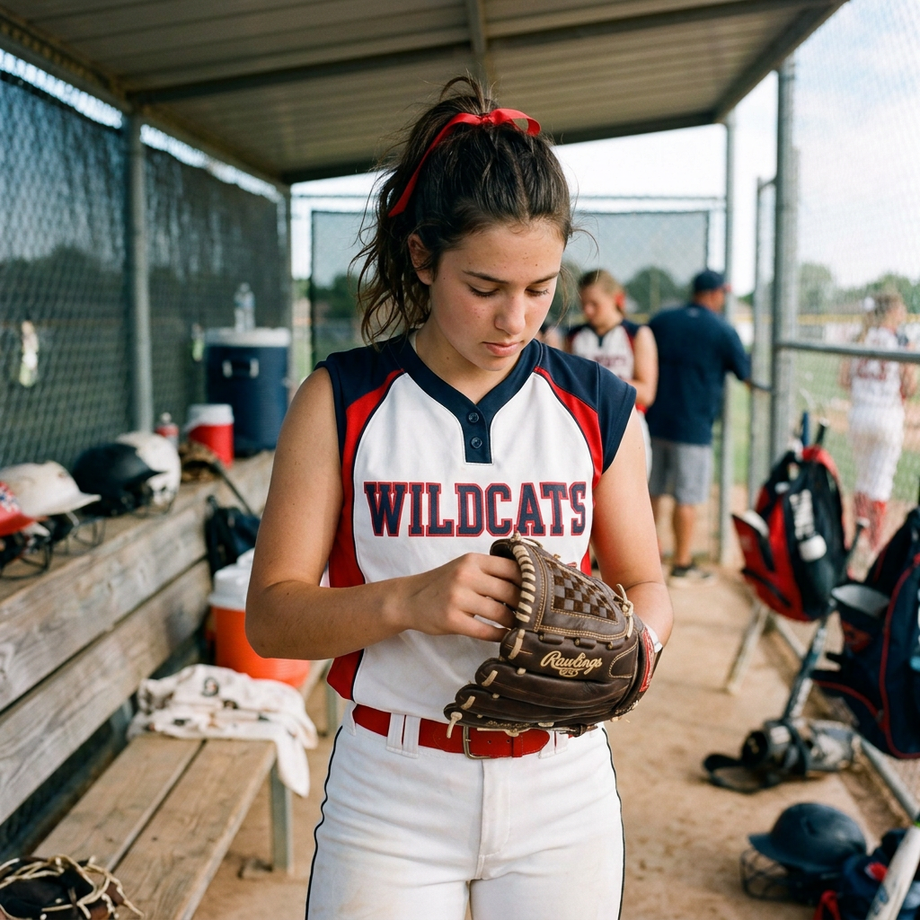 Softball player in uniform adjusting her glove on the field